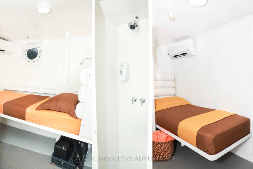 Single cabins and shower on Ferox liveaboard - copyright Colombia Dive Adventures